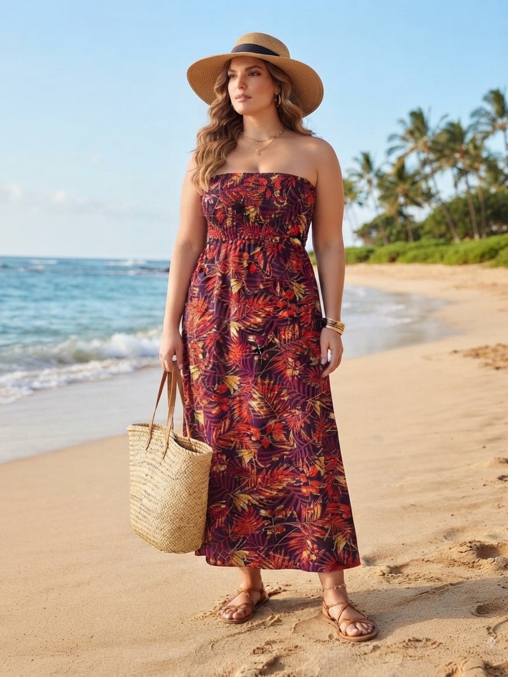 EUC George Tropical Leaf Strapless Maxi Dress